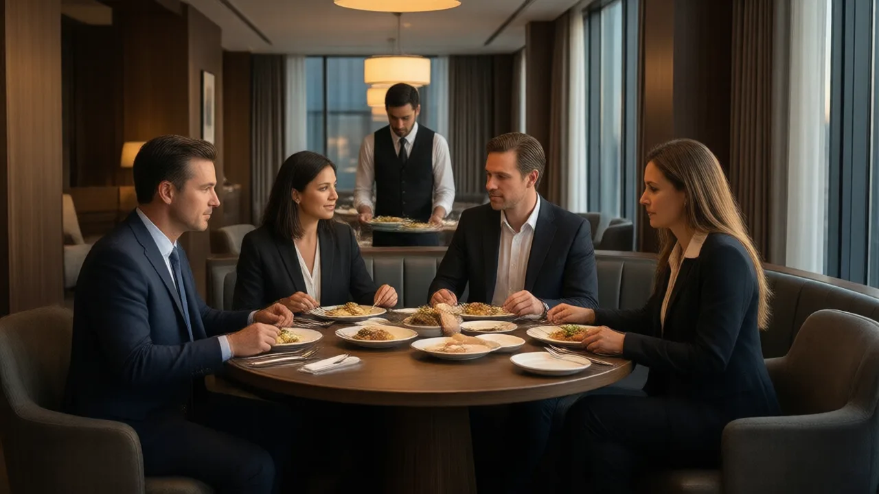 Four professionals in business attire seated around a round table in a quiet private dining alcove of a modern restaurant