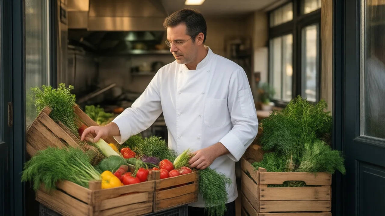 Chef in a white coat inspecting wooden crates of fresh local vegetables at the back door of a restaurant kitchen in morning light
