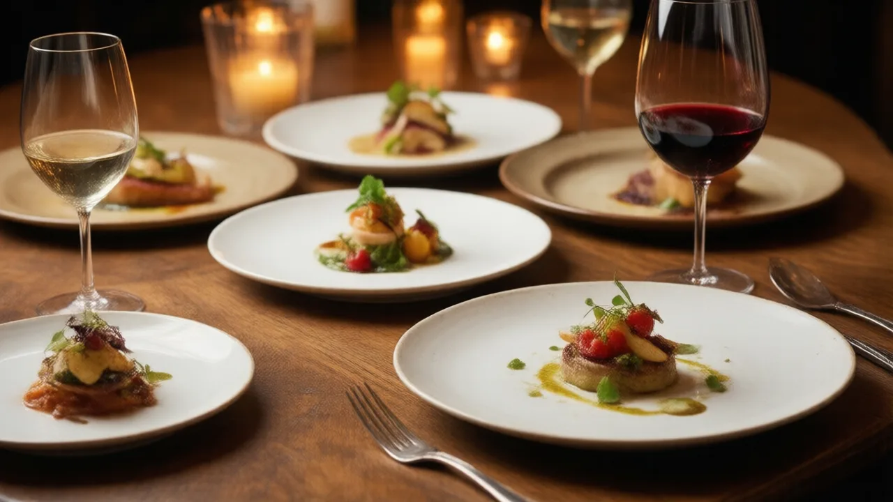 Elegant restaurant table with a sequence of small artfully plated tasting-menu courses and paired wine glasses under warm light