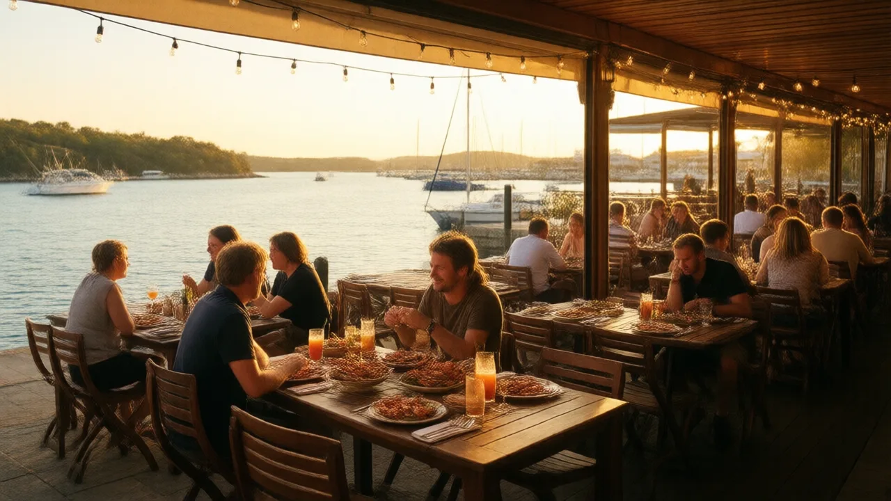 Golden-hour waterfront restaurant patio with wooden tables, string lights and diners overlooking a calm harbor