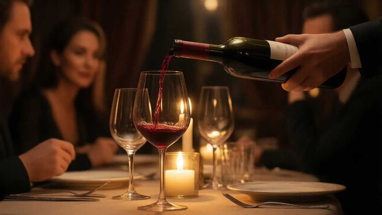 Sommelier pouring red wine into a glass at a candlelit restaurant table with guests softly out of focus