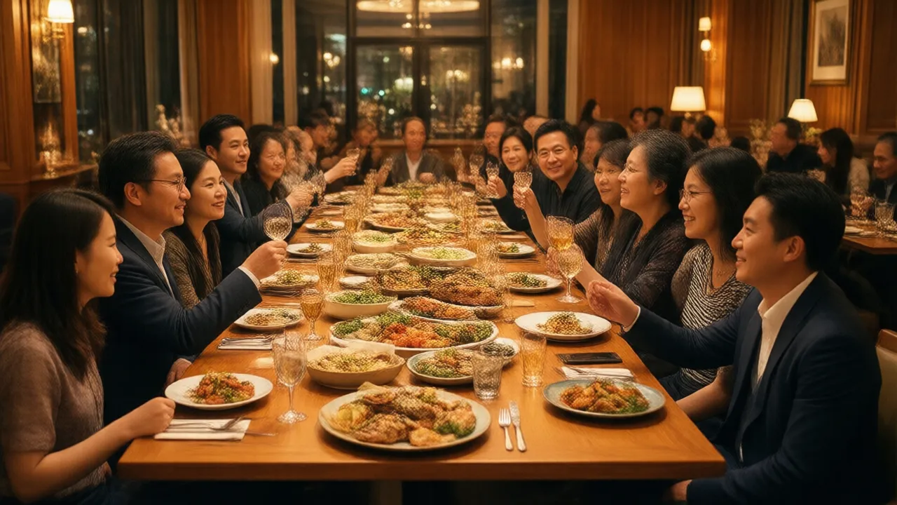 A large party of friends and family raising glasses around a long communal table at a warm restaurant in golden evening light