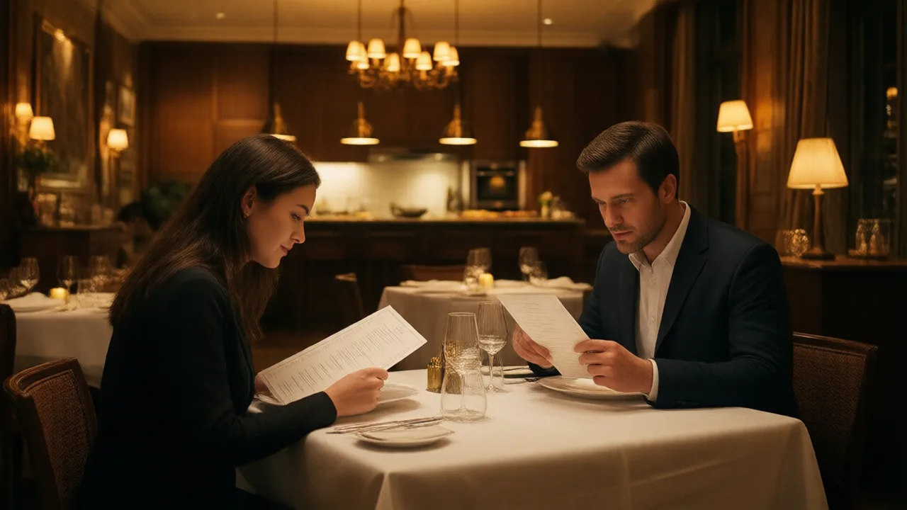 Couple at a linen-covered table in a warm neighborhood bistro reading a printed fixed-price card menu